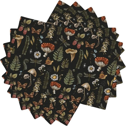 Mushroom Placemats Set of 6,Vintage Gothic Mushroom Fern Kitchen Place Mats Linen 12x18 Inch,Black 6 PCS, Style-5