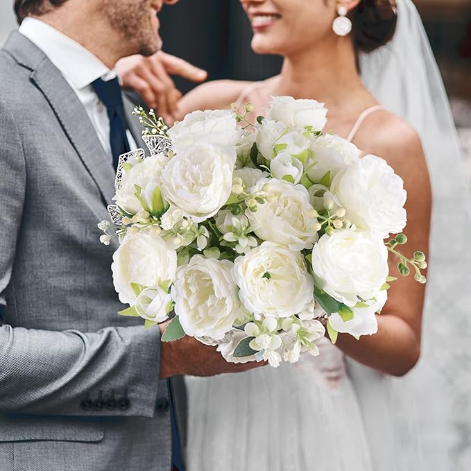 4 Bundles Artificial Peonies Silk Flowers, White Faux Peony Bouquet Florals Arrangements Decor for Farmhouse Home Boho Wedding Table Centerpiece, Fake Plastic Flowers Bulk Vase Decoration (White)