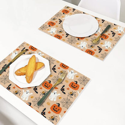 Placemats Set of 4 Halloween Waterproof Oilproof Table Mats Washable Wipeable Heat Resistant Easy to Clean for Indoor Outdoor Party Kitchen Dining Table Decoration 12 * 18in