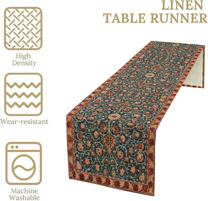 William Morris Table Runner, Rustic Boho Ethnic Flower Original Design Print Table Runner for Home Party Dining Room Kitchen Decor 13x90 Inch
