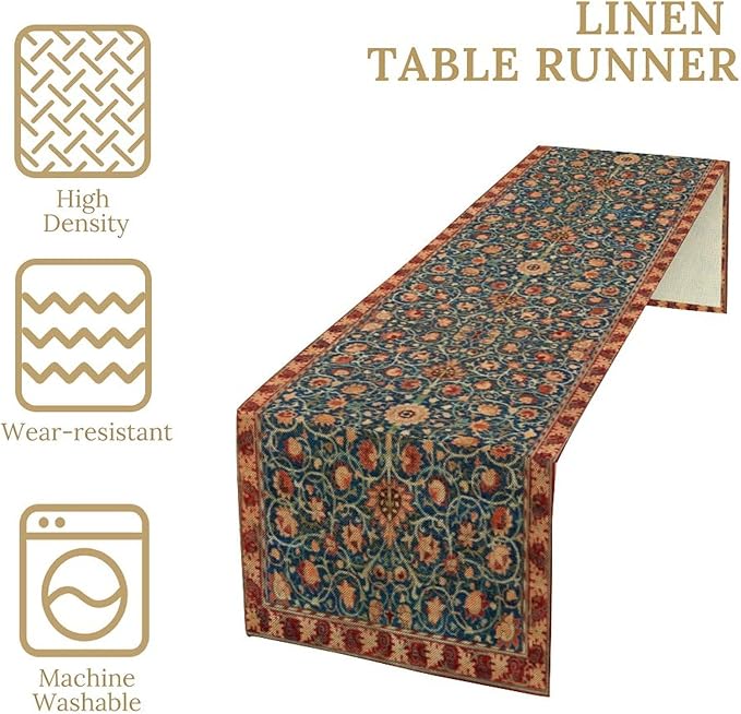 William Morris Table Runner, Rustic Boho Ethnic Flower Original Design Print Table Runner for Home Party Dining Room Kitchen Decor 13x70 Inch