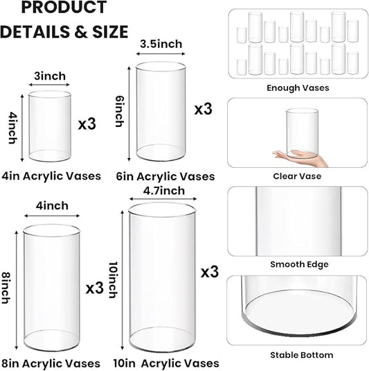 12 Pack Plastic Cylinder Vases, 4 6 8 10 Inch Tall Acrylic Cylinder Clear Flower Vase Set Bulk Glass Like Large Round Plastic Vases for Centerpiece Wedding Home Office (12)