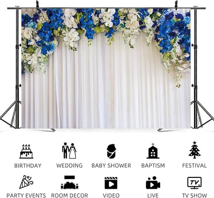 10x8ft White Wedding Backdrop White Blue Floral Flowers Photography Background Bride Groom Ceremony Party Bridal Shower Banner Decorations Engagement Proposal Portrait Photo Booth Prop