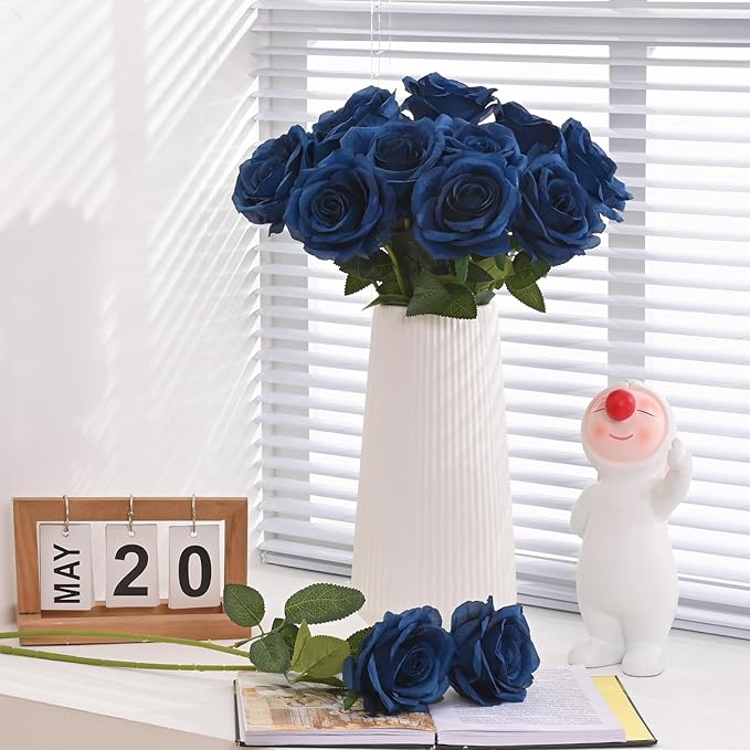 Waipfaru 16 Pcs Blue Roses Artificial Flowers, Long Stem Fake Roses, Silk Faux Flowers for Valentines Wedding Bouquet Vase Centerpiece Home Decor (Navy Blue)