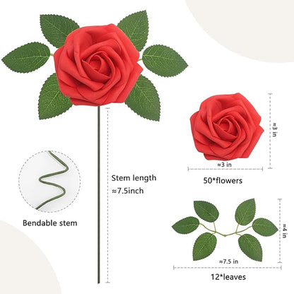Artificial Flowers Red Roses Real Looking Foam Fake Roses 50PCS with Leaves and for DIY Wedding Bouquets Bridal Shower Centerpieces Party Decorations (Red)