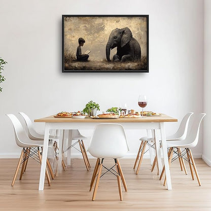 Elephant Large Wall Art Boy Reading Pictures Wall Decor Animal Canvas Elephant Print Painting Modern Artwork Home Decoration for Living Room Bathroom Bedroom Office Framed 36"x24"