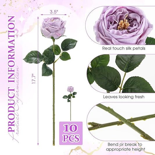 10pcs Real Touch Peonies Artificial Flowers, Faux Austin Rose with Long Stem Look Real Fake Flower for Christmas Valentines Arrangement Wedding Party Home Kitchen Decor (Light Purple)