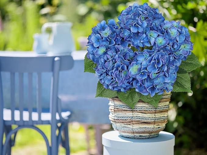Hollyone Hydrangea Artificial Flowers Large Artificial Dark Blue Hydrangeas Silk Flower for Home Decor Indoor Wedding Flower Bouquets Faux Flowers Kitchen Centerpiece Table Decorations