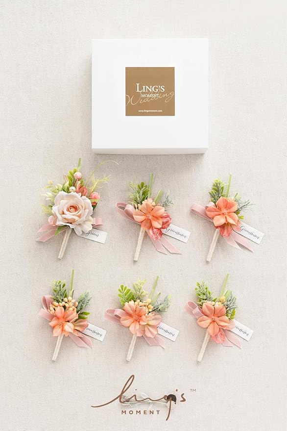 Ling's moment Boutonniere for Men, 6pcs Groom Groomsmen Boutonniere, Artificial Flowers for Wedding Decor/Prom/Homecoming, etc.Blush Garden Pink