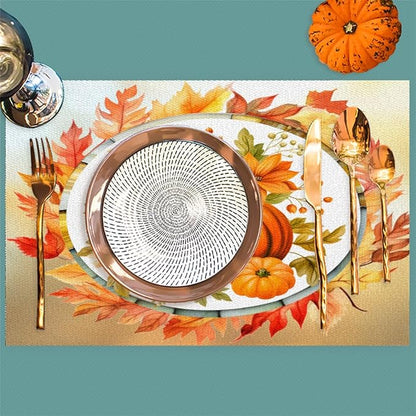 Fall Autumn Flower Pumpkin Placemats Set of 4 PVC Vinyl Non Slip Table Mats Heat Resistant Place Mats Washable Wipeable Dining Table Mat for Kitchen Decor Party Indoor Outdoor Decorative Gift
