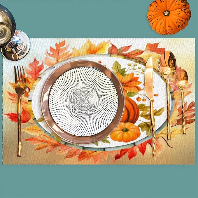 Fall Autumn Flower Pumpkin Placemats Set of 6 PVC Vinyl Non Slip Table Mats Heat Resistant Place Mats Washable Wipeable Dining Table Mat for Kitchen Decor Party Indoor Outdoor Decorative Gift