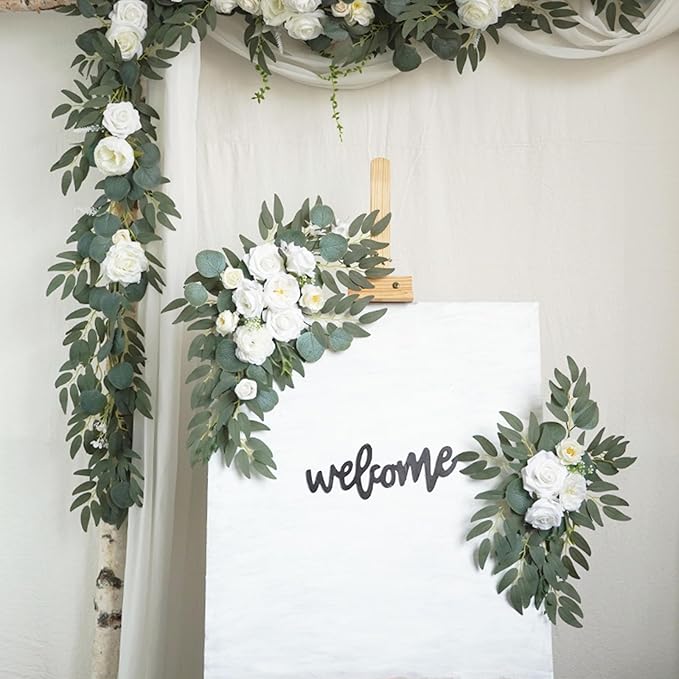 White Wedding Arch Flowers, Faux Flower Swag Set of 2, White Floral Swag for Wedding Arch Welcome Signs, Reception Ceremony Signs Decor