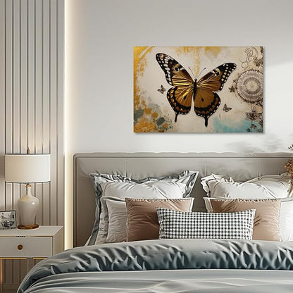 KPLUNDO Butterfly Wall Art Abstract Flower Picture Gray Gold Poster Vintage Painting Modern Artwork Home Decor for Living Room Bedroom Office Wall Decoration Ready to Hang(Art-3,24.00x36.00 inch)