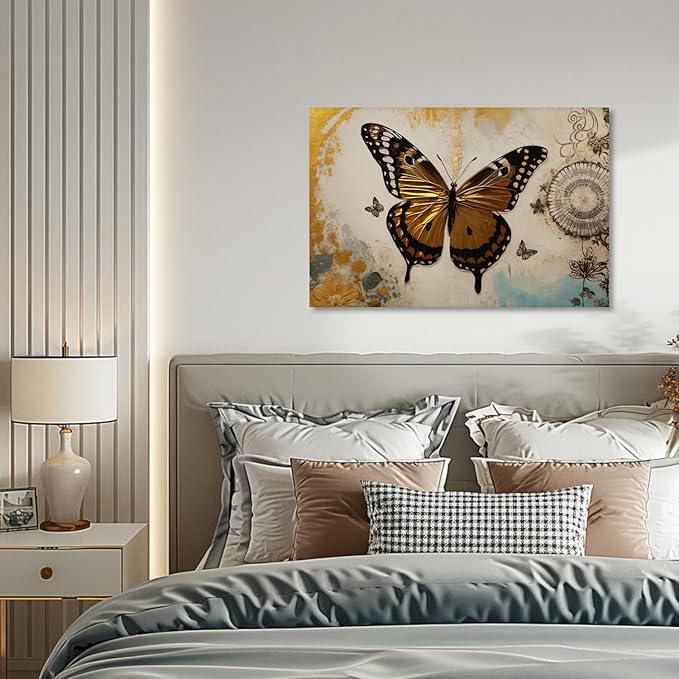 KPLUNDO Butterfly Wall Art Abstract Flower Picture Gray Gold Poster Vintage Painting Modern Artwork Home Decor for Living Room Bedroom Office Wall Decoration Ready to Hang(Art-3,28.00x42.00 inch)