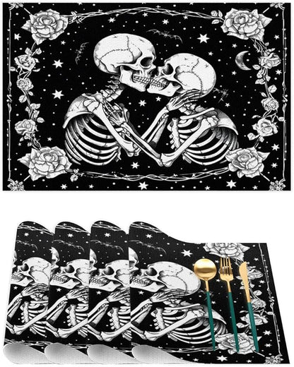 Halloween Skull Goth Flower Placemats Set of 6 PVC Vinyl Non Slip Table Mats Heat Resistant Place Mats Washable Wipeable Dining Table Mat for Kitchen Decor Party Indoor Outdoor Decorative Gift