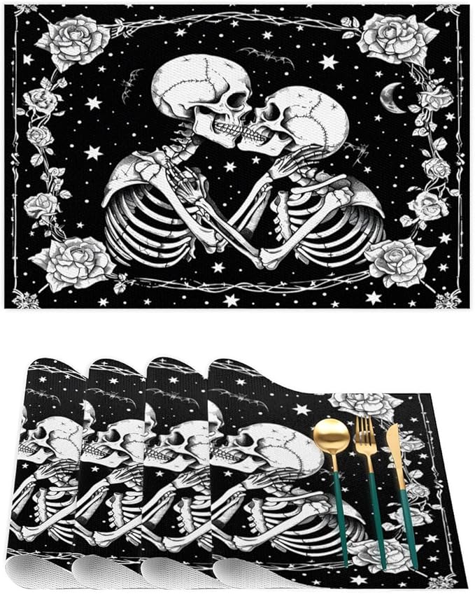 Halloween Skull Goth Flower Placemats Set of 1 PVC Vinyl Non Slip Table Mats Heat Resistant Place Mats Washable Wipeable Dining Table Mat for Kitchen Decor Party Indoor Outdoor Decorative Gift