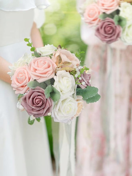 Rinlong 1Pc Dusty Pink Bridesmaids Bouquet Artificial Wedding Bouquets for Bridesmaid Silk Bouquet for Homecoming Prom