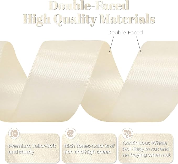 Cream Satin Ribbon, Double Faced 2 Inch X 50 Yards Cream Ribbon, Premium Satin Ribbon for Gift Wrapping, Crafts, Hair Bow Making, Sewing, Flower Bouquet, Wedding Party Decor