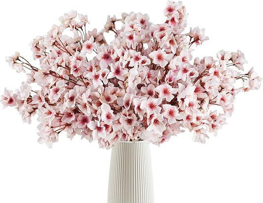 24 Pcs Artificial Cherry Blossom Flowers 18" Faux Silk Cherry Blossom Stems Fake Real Touch Peach Branches for Wedding Home Garden Japanese Decor Light Pink