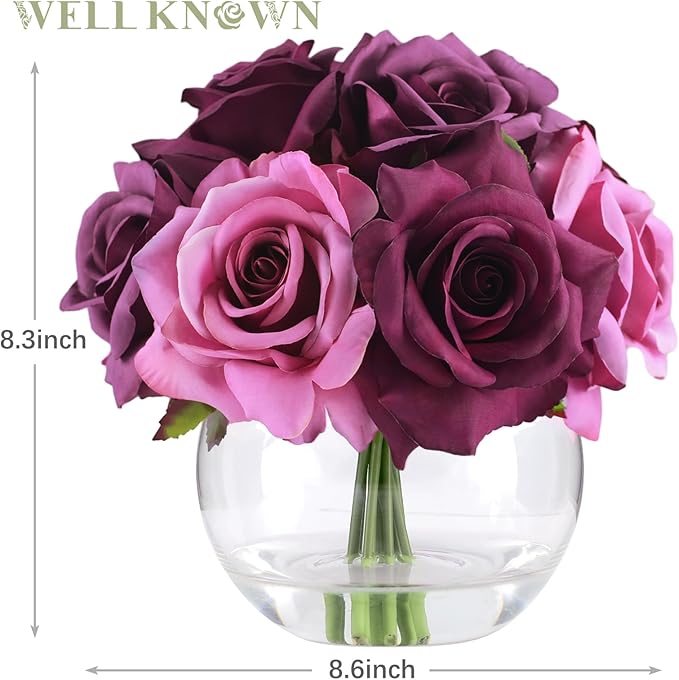 WELL KNOWN Silk Purple and Pink Roses Bouquet in Vase, Artificial Fake Flowers Arrangements in Glass Vase with Faux Water for Home Office Hotel Birthday Wedding Party Table Decoration & Mom's Gift