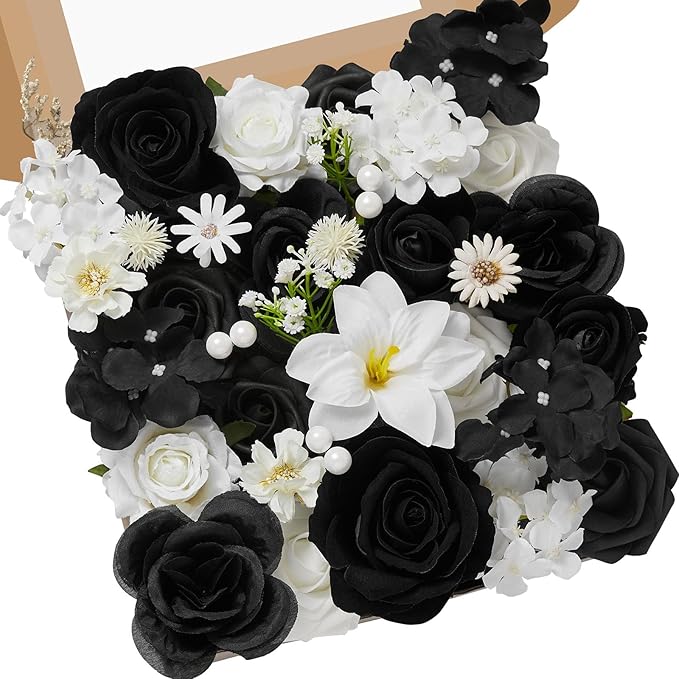 Serwalin Black Artificial Flowers and White Deluxe Combo Box Set, Daisy Fake Flower for DIY Wedding Bridal Bouquet, Centerpieces Decor, Floral Arrangement Decor, etc.