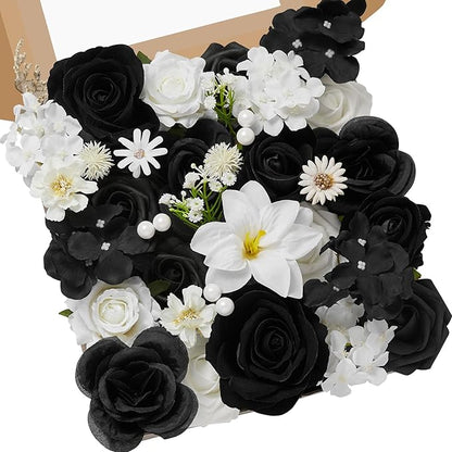 Serwalin Black Artificial Flowers and White Deluxe Combo Box Set, Daisy Fake Flower for DIY Wedding Bridal Bouquet, Centerpieces Decor, Floral Arrangement Decor, etc.