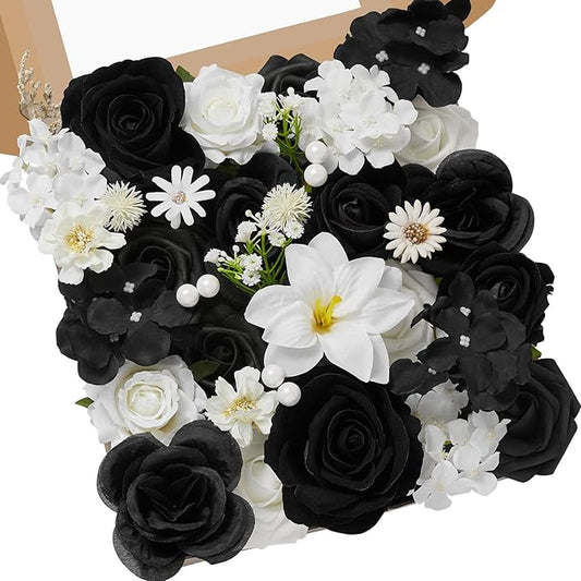 Serwalin Black Artificial Flowers and White Deluxe Combo Box Set, Daisy Fake Flower for DIY Wedding Bridal Bouquet, Centerpieces Decor, Floral Arrangement Decor, etc.