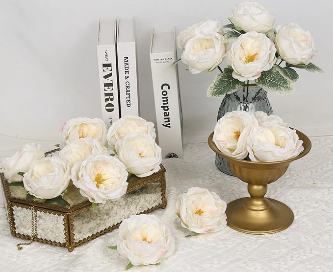 16pcs Peonies Artificial Flowers Head Ivory Austin Roses Vintage Burnt Flowers Silk Rose Head with Stems for DIY Flower Wedding Bouquets Centerpieces Home Decoration (Ivory)