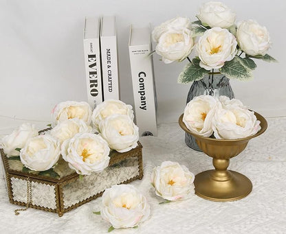 16pcs Peonies Artificial Flowers Head Ivory Austin Roses Vintage Burnt Flowers Silk Rose Head with Stems for DIY Flower Wedding Bouquets Centerpieces Home Decoration (Ivory)