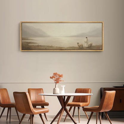 SIGNFORD Large Framed Canvas Print Wall Art Pastoral Scene with Shepherd and Sheep by Lake Illustrations Modern Art Relax/Calm Warm for Living Room, Bedroom, Office - 60"x20"