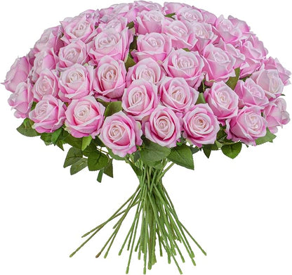 Uqueeten Fake Plants Roses Flowers Plastic Flowers Party Decoration for Home Gifts for Gf Roses Artificial Flowers for Vase Fake Plants Home Decor 19.6"(Deep Pink 50PCS)