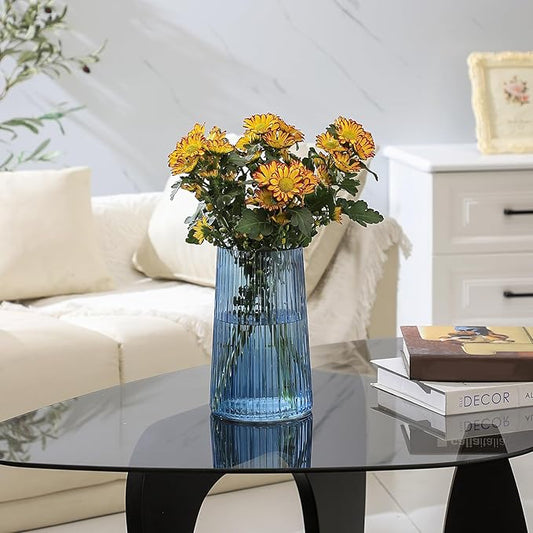 Blue Glass Vase for Flower, Flower Vase for Bouquet, Modern Glass Vases, Ribbed Vases for Living Room, Bedroom, Dining Table, Office, Wedding, Centerpieces, 8 Inches
