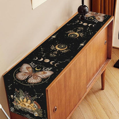 Gothic Moth Table Runner, Boho Gothic Sun Moon Phase Wildflower Mystical Witchy Farmhouse Coffee Table Center Decor for Home Kitchen Dining Patio Holiday Party Table Decorations 13x108 inches