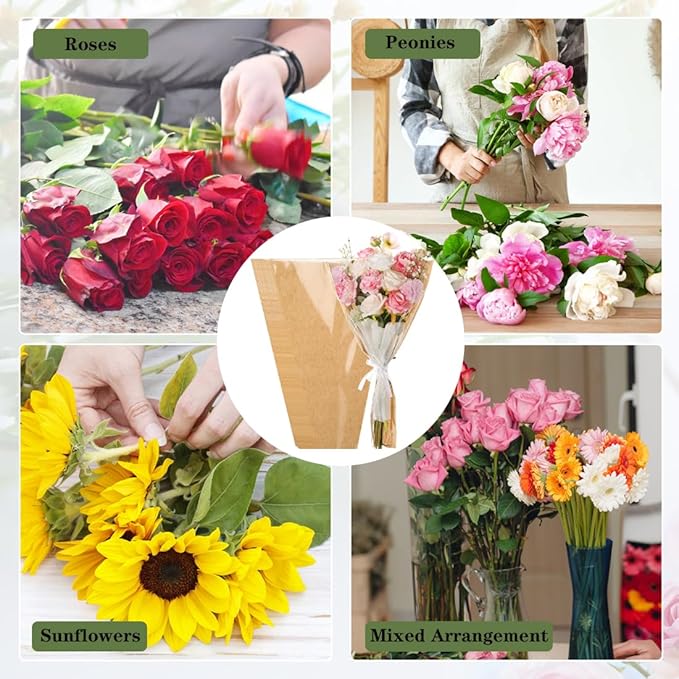 HSONAIGEE 50 Pieces Flower Bouquet Wrapping Paper, 22 x 14.2 Inch Extra Large Flower Bags for Bouquets Kraft Floral Wrap Sleeves with Ribbons for Home Mother’s Day Wedding Flower Bar Supplies