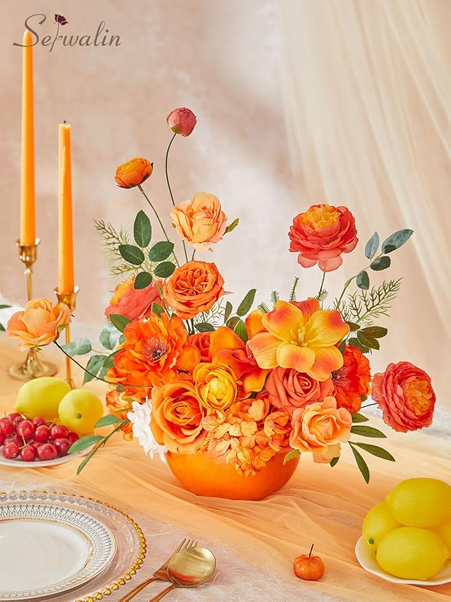 Serwalin Artificial Fall Flowers, Silk Fake Flowers Orange Cake Flowers for DIY Wedding Bridal Bouquet Table Centerpieces Floral Arrangement Fall Home Decor