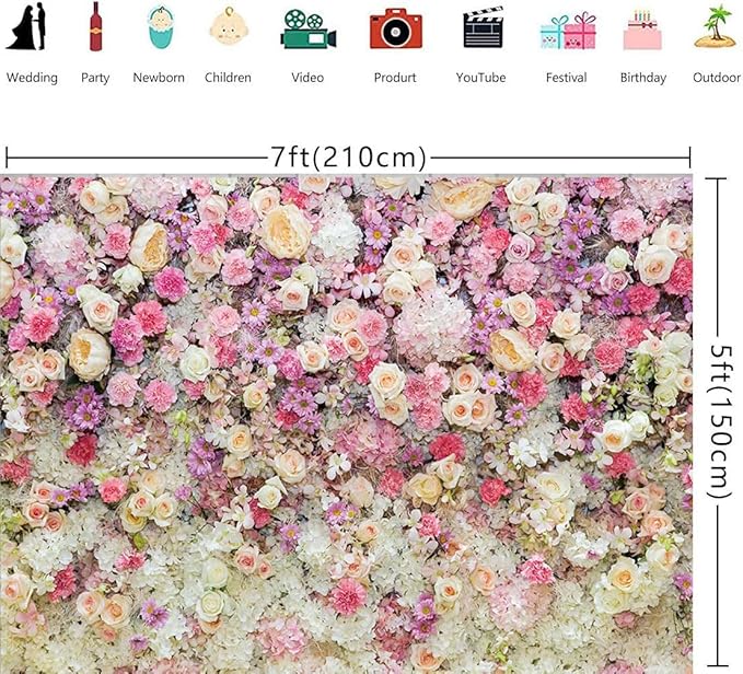 10x10ft Pink Rose Floral Flower Wall Backdrop Girls Wedding Birthday Bridal Shower Kids Portrait Background Photoshoot Cake Table Tea Party Photoshoot Decorations Photo Studio Props