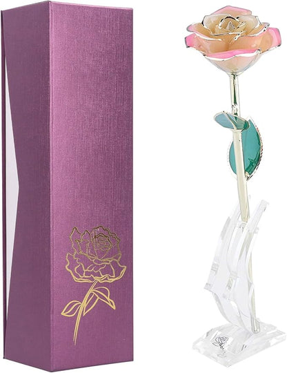Fafeicy 24K Gold Rose Eternal Flower Preserved in Crystal Resin with Stand for Home Office Lasting Decor