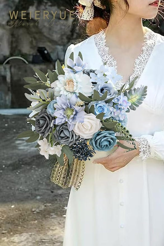 Artificial Flower Box Set Silk Fake Flowers DIY Center Cake Decoration Wedding Bouquet Corsage Home Decor Outdoor Decor Gift (Blue)