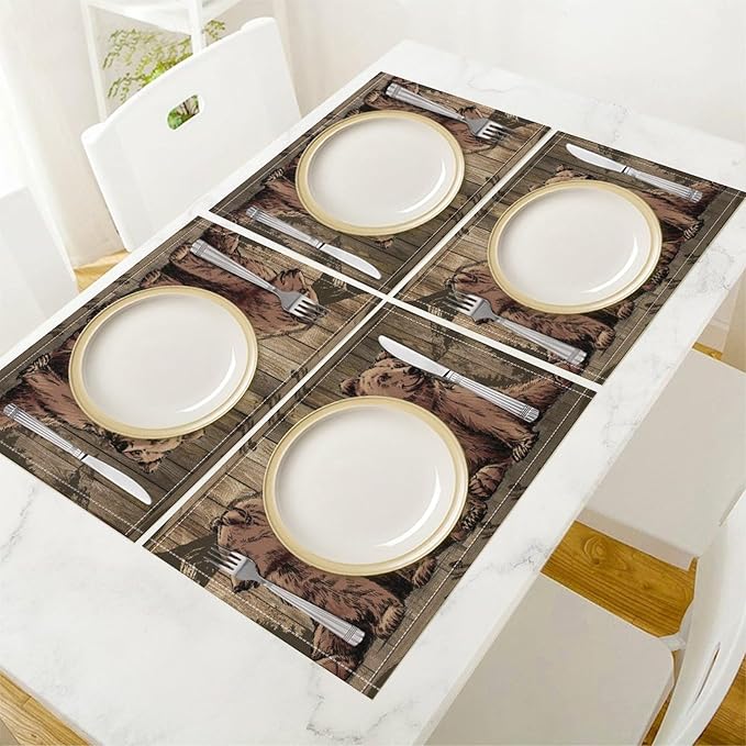 Rustic Lodge Bears Placemats Set of 6, Vintage Cabin Pine Tree Wooden Board Place Mats, Heat Resistant Non Slip Cotton Linen Dining Table Mats for Home Party Kitchen 18x12 Inch