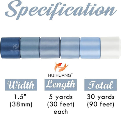 HUIHUANG Blue Ribbon 1-1/2" Dusty Blue/French Blue/Antique Blue/Navy/Light Blue and White Satin Ribbons for Wedding Flower Bouquet Hair Bows Gift Wrapping Crafts- 6 Rolls, Total 30 Yards