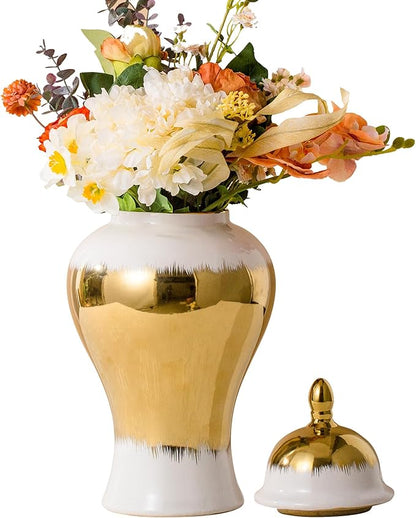 Ginger Jar, White Ceramic Ginger Jar Vase with Gold Trim, White and Gold Vase for Decor Kitchen, Bookshelf Decor, Storage jar, Table Center Vase, Temple Jar(14in