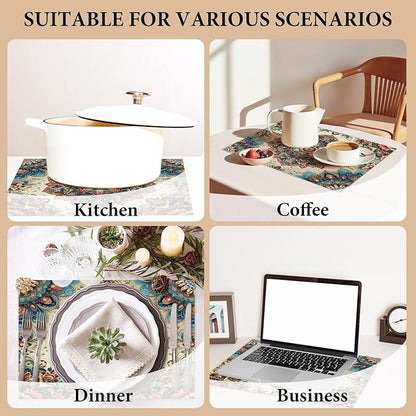 Cotton Linen Waterproof Placemats Set of 4, Boho Ethnic Style Dining Mat Table Mats Decor Fabric for Kitchen Dinner Coffee Shop Table, Indoor/Outdoor Washable Wipeable Placemat -N019
