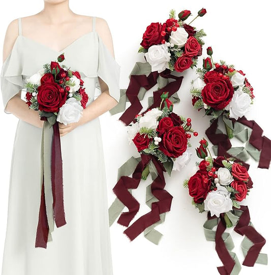 Ling's moment Red Bridesmaid Bouquet Set of 4, Red and White Christmas Wedding Bouquets for Bridesmaids, 7 Inch Bridal Bouquets for Bridesmaids, Wedding, Ceremony, Anniversary, Homecoming, etc.