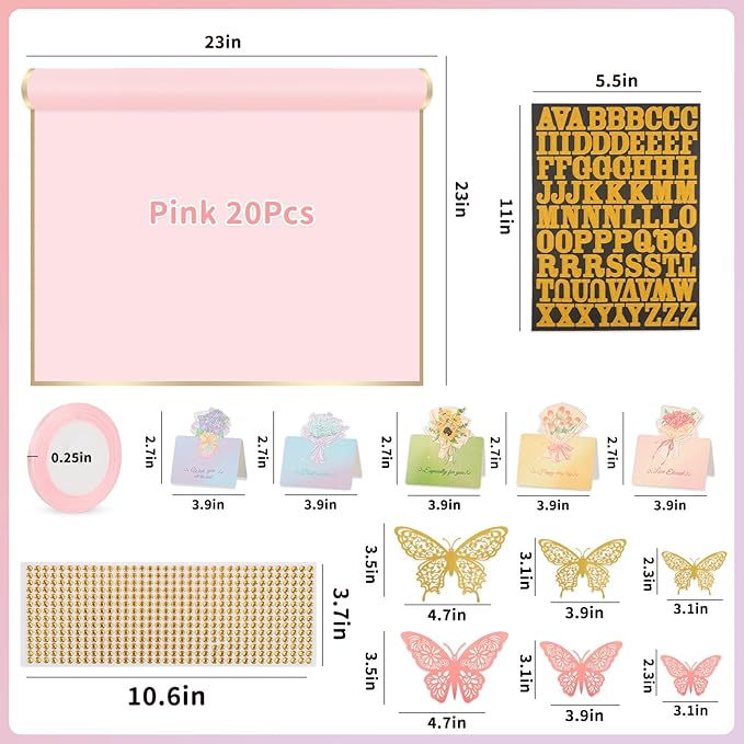 52Pcs Flower Bouquet Wrapping Paper Accessories Kit, 20 Sheets Pink Waterproof Floral Wrapping Paper, 12 Gold 12 Pink Butterflies, 5 Cards, 1 Ribbon, 1 Letter 1 Rhinestone Sticker (Gold Edge)