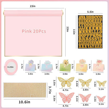 52Pcs Flower Bouquet Wrapping Paper Accessories Kit, 20 Sheets Pink Waterproof Floral Wrapping Paper, 12 Gold 12 Pink Butterflies, 5 Cards, 1 Ribbon, 1 Letter 1 Rhinestone Sticker (Gold Edge)