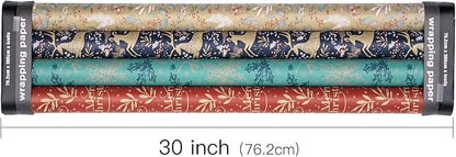 RUSPEPA Christmas Kraft Wrapping Paper - Reindeer, Berry Leaf and Text Design - 4 Rolls - 30 inches x 10 feet per Roll