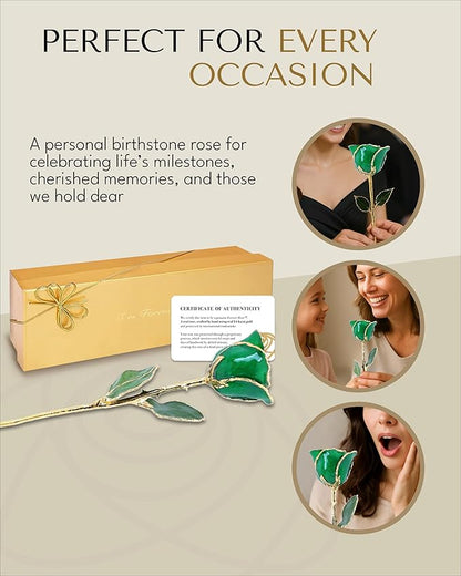 Forever Rose Hand-Dipped in 24K Gold, Emerald-Inspired May Birthstone with Sparkles, Real Rose in Luxury Gold Gift Box – Perfect Ready to Gift for May Birthday or Any Occasion