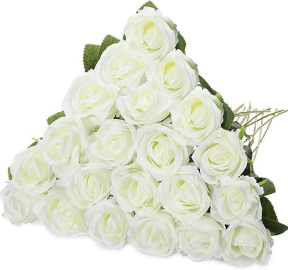 Hotop 20 Pcs Artificial Rose Flowers with Long Stem,Real Touch Silk Realistic Plastic Bouquet Roses Bulk for Home Decor Bridal Wedding Party Table Centerpieces Decorations(White)