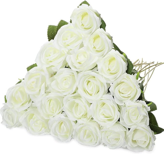 Hotop 20 Pcs Artificial Rose Flowers with Long Stem,Real Touch Silk Realistic Plastic Bouquet Roses Bulk for Home Decor Bridal Wedding Party Table Centerpieces Decorations(White)