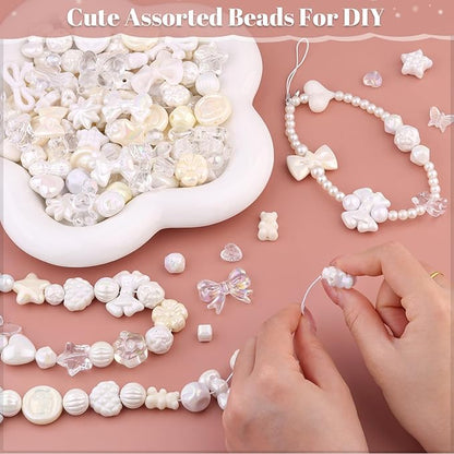 Assorted 200-260PCS White Acrylic Beads for Bracelet Making, Flower Bow Candy GummyBear Bracelet Charms,Cute Beads for Jewelry Making DIY Necklace Keychain Phone Charm Christmas Gift